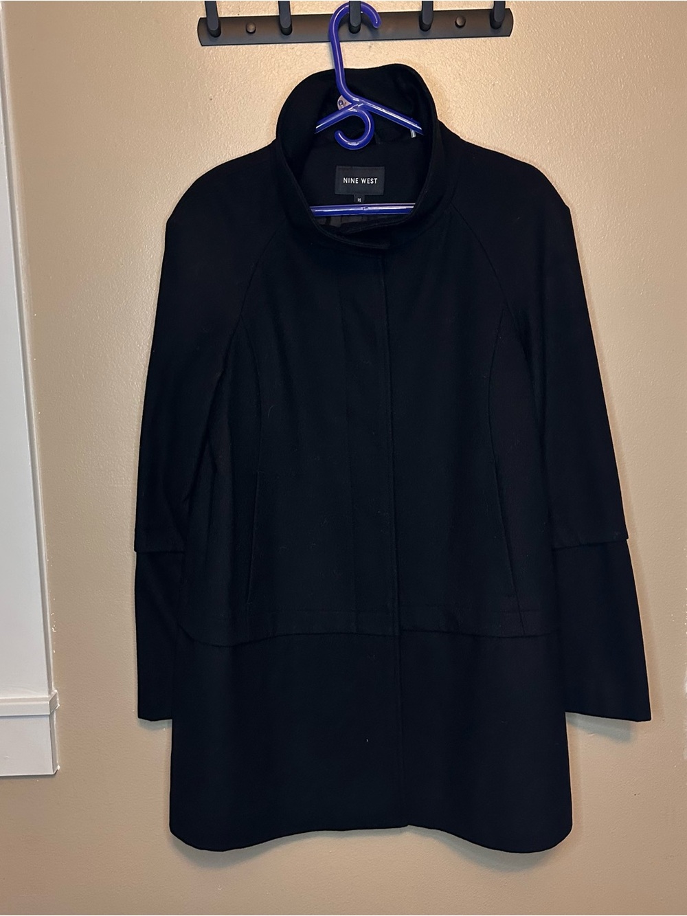Nine West Black Long Sleeve Wool Coat with Stand Collar